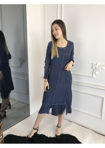 Kadın Koyu Mavi Uzun Kollu Antik Dokuma Elbise