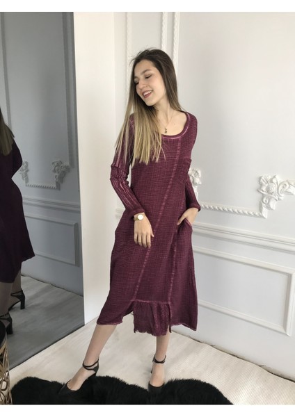 Kadın Kırmızı Uzun Kollu Antik Dokuma Elbise fırsatları