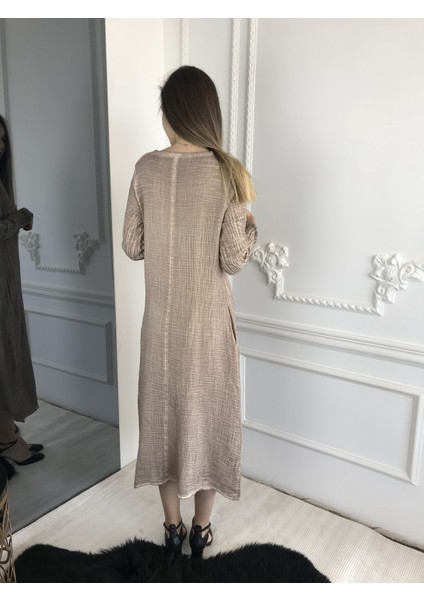 Kadın Ekru Uzun Kollu Antik Dokuma Elbise modelleri