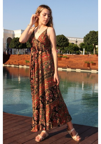 Kadın Kırmızı Şal Desenli Askılı Fırfırlı Ipek Elbise