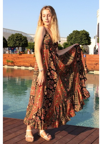 Kadın Kırmızı Şal Desenli Askılı Fırfırlı Ipek Elbise fiyatları