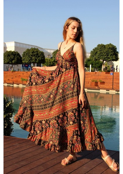 Kadın Kırmızı Şal Desenli Askılı Fırfırlı Ipek Elbise modelleri