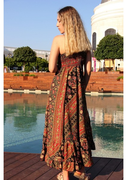 Kadın Kırmızı Şal Desenli Askılı Fırfırlı Ipek Elbise fırsatları