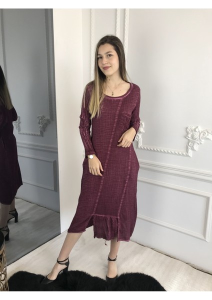 Kadın Kırmızı Uzun Kollu Antik Dokuma Elbise