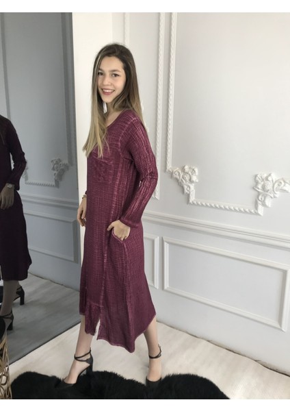 Kadın Kırmızı Uzun Kollu Antik Dokuma Elbise modelleri