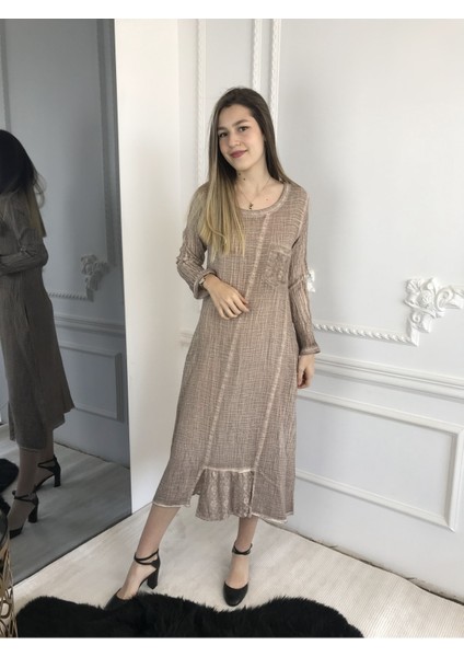 Kadın Ekru Uzun Kollu Antik Dokuma Elbise