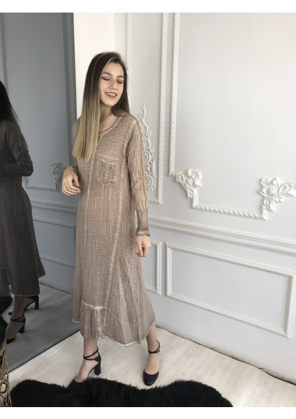 Kadın Ekru Uzun Kollu Antik Dokuma Elbise fiyatları
