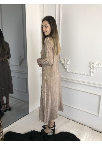 Kadın Ekru Uzun Kollu Antik Dokuma Elbise fırsatları