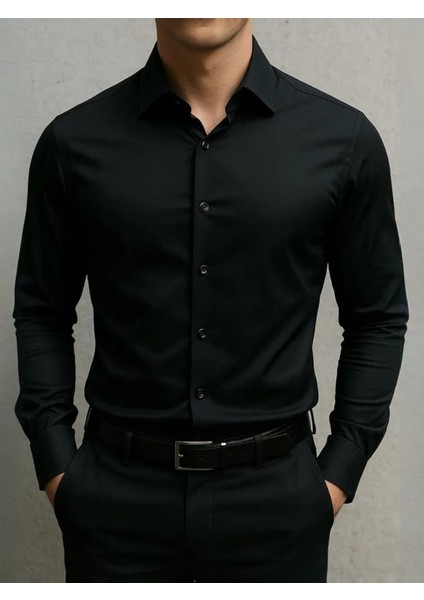 Slim Fit Uzun Kollu Kolay Ütü Teri Emen Nefes Alan Doku Kravatlık Siyah Erkek Gömlek