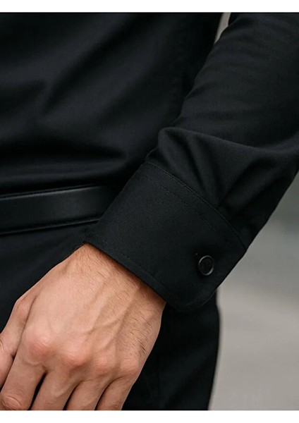 Slim Fit Uzun Kollu Kolay Ütü Teri Emen Nefes Alan Doku Kravatlık Siyah Erkek Gömlek modelleri