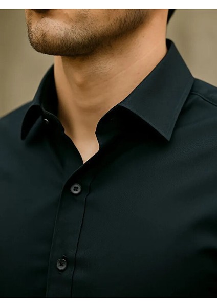 Slim Fit Uzun Kollu Kolay Ütü Teri Emen Nefes Alan Doku Kravatlık Siyah Erkek Gömlek fırsatları