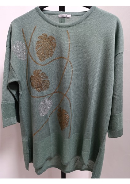 Büyük Beden Simli Örme Taş Işlemeli Truvakar Kol 42-44-46-48 Bedenlere 70 cm Boy Merserize Bluz