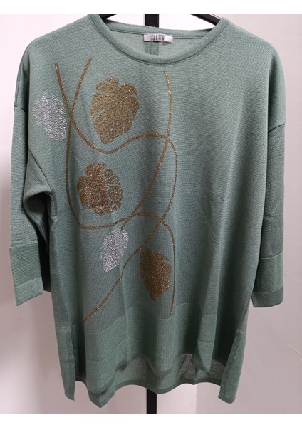 Büyük Beden Simli Örme Taş Işlemeli Truvakar Kol 42-44-46-48 Bedenlere 70 cm Boy Merserize Bluz modelleri