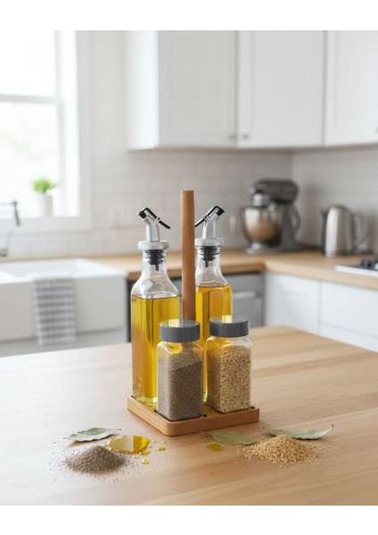 4'lü Cam Zeytinyağlık & Sirkelik & Baharatlık & Tuzluk Seti – Ahşap Standlı, Şık Tasarım (250ML) Yağlık - Yağdanlık