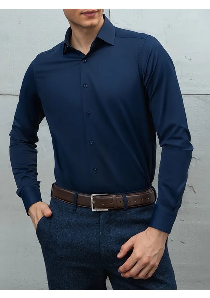 Slim Fit Uzun Kollu Kolay Ütü Teri Emen Nefes Alan Doku Kravatlık Siyah Erkek Gömlek