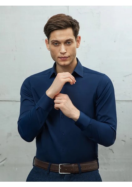 Slim Fit Uzun Kollu Kolay Ütü Teri Emen Nefes Alan Doku Kravatlık Siyah Erkek Gömlek modelleri