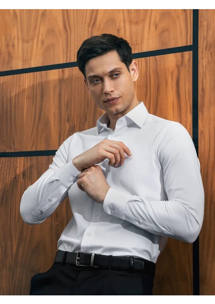 Slim Fit Uzun Kollu Kolay Ütü Teri Emen Nefes Alan Doku Kravatlık Siyah Erkek Gömlek