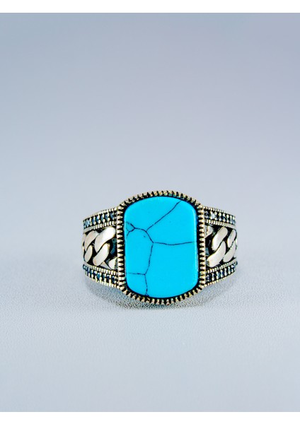 Parlak Doğal Turkuaz Taşlı 925 Ayar Gümüş Erkek Yüzük – Türk El Yapımı