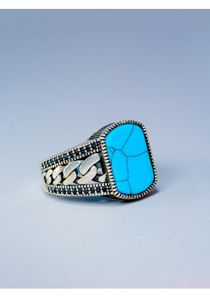 Parlak Doğal Turkuaz Taşlı 925 Ayar Gümüş Erkek Yüzük – Türk El Yapımı fiyatları