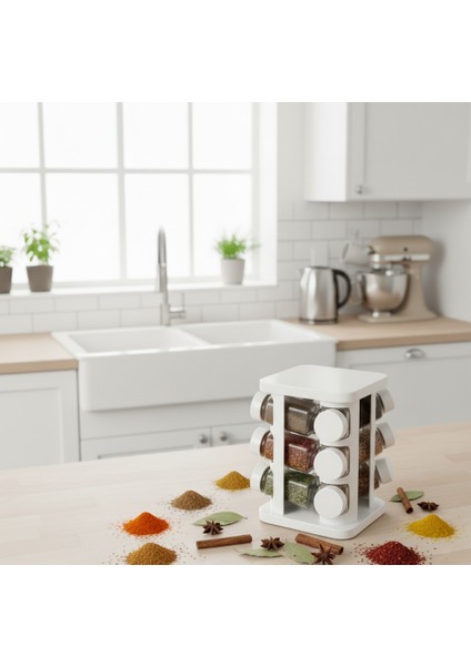 12’li Döner Standlı Cam Baharatlık Seti – Şık ve Pratik Tasarım