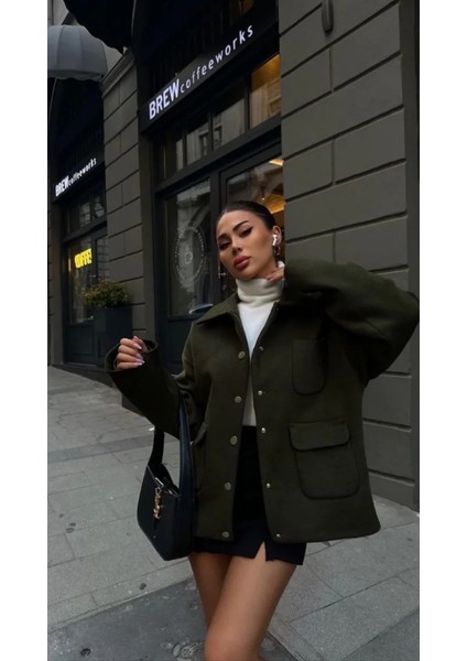 Monsi Kaşe Kaşmir Kumaş Cep ve Çıt Çıt Düğme Detay Bleazer Pinterest Ceket - Haki