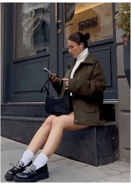 Monsi Kaşe Kaşmir Kumaş Cep ve Çıt Çıt Düğme Detay Bleazer Pinterest Ceket - Haki modelleri