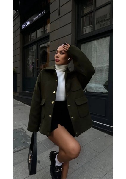 Monsi Kaşe Kaşmir Kumaş Cep ve Çıt Çıt Düğme Detay Bleazer Pinterest Ceket - Haki fırsatları