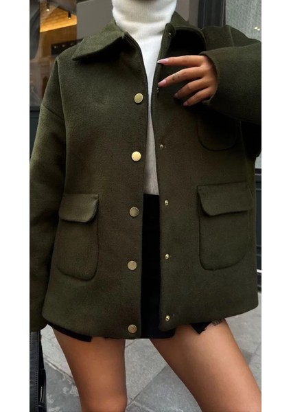 Monsi Kaşe Kaşmir Kumaş Cep ve Çıt Çıt Düğme Detay Bleazer Pinterest Ceket - Haki