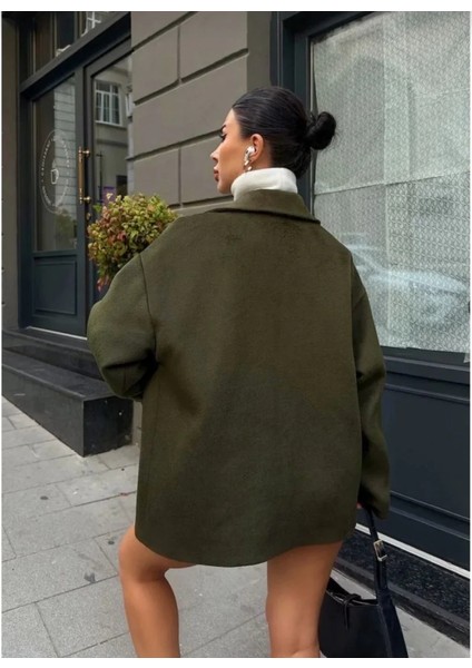 Monsi Kaşe Kaşmir Kumaş Cep ve Çıt Çıt Düğme Detay Bleazer Pinterest Ceket - Haki