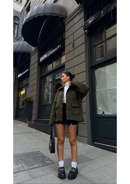 Monsi Kaşe Kaşmir Kumaş Cep ve Çıt Çıt Düğme Detay Bleazer Pinterest Ceket - Haki