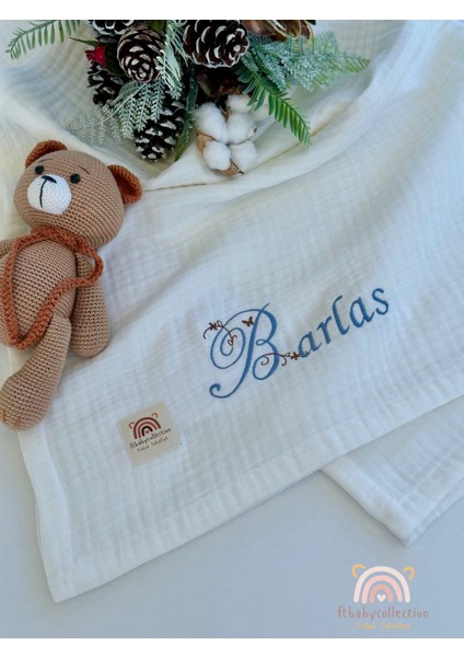 Ftbabycollection %100 Pamuk 4 Katlı Müslin Kişiselleştirilebilir Isim Nakışlı Bebek BATTANIYESI 100X110 CM