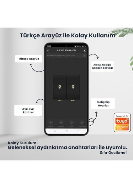 Tuya Uyumlu Akıllı Anahtar Modülü, Çift Çıkışlı, Anahtar Girişli, 2X10A - 220V Röle, Google Asistan ve Alexa Destekli modelleri