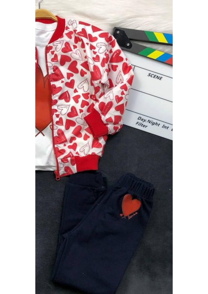 Kız Çocuk Kalp Baskılı Paraşüt Üçlü Takım - Hırka - Pantolon - Body indirimleri