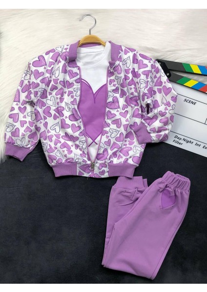 Kız Çocuk Kalp Baskılı Paraşüt Üçlü Takım - Hırka - Pantolon - Body