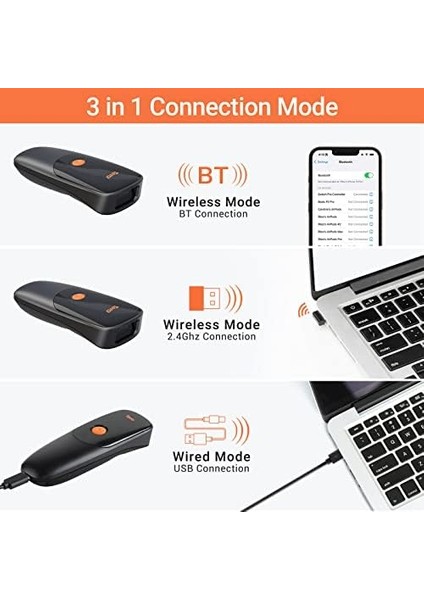 1300 Kablosuz 1d 2d Qr Barkod Okuyucu | Mini Taşınabilir 3in1 (Bluetooth, 2.4g, Usb) | Cep Tipi El Tarayıcı | Zaman Damgalı fiyatları