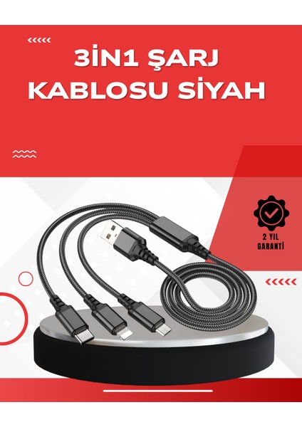 Dayanıklı Metal Başlıklı 3’ü 1 Arada Şarj Kablosu – Tüm Cihazlarla Uyumlu