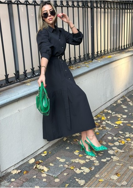 Kadın Uzun Kollu Yakalı Önden Düğmeli Beli Metal Kemerli Dokuma Maksi Elbise indirimleri