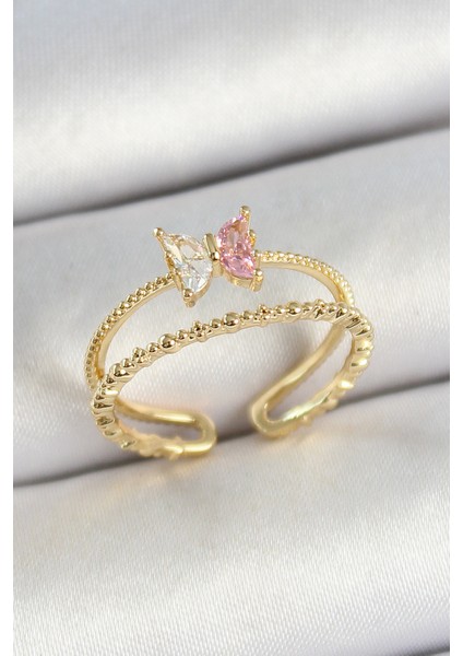 Pirinç Kelebek Figürlü Zirkon Taşlı Gold Renk Ayarlanabilir Kadın Yüzük - TJ-BYK3766
