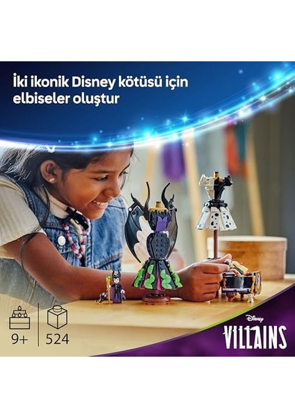 Kötüleri Malefiz'in ve Cruella De Vil'in Elbiseleri 43262-9 Yaş Üzeri Kız ve Erkek Çocuklar Için Sergileme Standı, 2 Mini Bebek ve 2 Hayvan Figürü Içeren Oyuncak Yapım Seti (524 Parça) modelleri