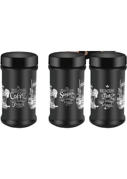3’lü Siyah Şık Cam Kavanoz Seti – Çay, Kahve, Şeker ve Baharatlık Saklama Kabı 600 cc
