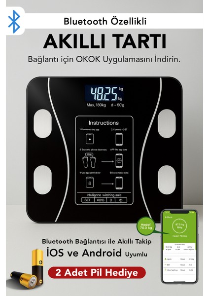 Kablosuz Dijital Tartı, Vücut Analiz Cihazı, Yağ, Su, Kas, Kilo Ölçer, Siyah