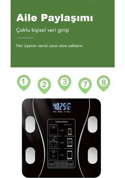 Kablosuz Dijital Tartı, Vücut Analiz Cihazı, Yağ, Su, Kas, Kilo Ölçer, Siyah fiyatları