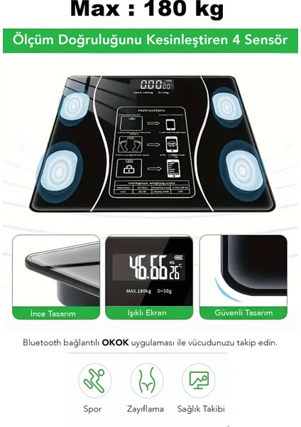 Kablosuz Dijital Tartı, Vücut Analiz Cihazı, Yağ, Su, Kas, Kilo Ölçer, Siyah modelleri