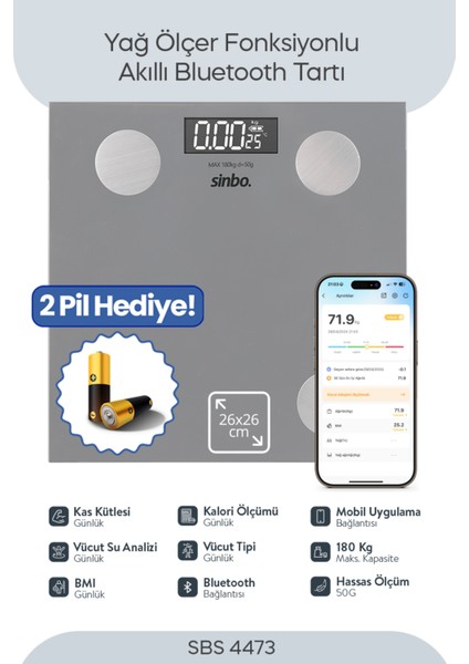 Bluetooth Dijital Vücut Analiz Tartısı, Yağ, Su ve Kas Ölçer, Gri