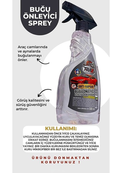 Trax Araba Oto Cam Buğu Önleyici Engelleyici Sprey 500 ml