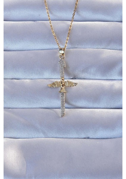 316L Altın Renk Zirkon Taşlı Kılıç Model Anka Kuşu Kolye - TJ-BKO9274