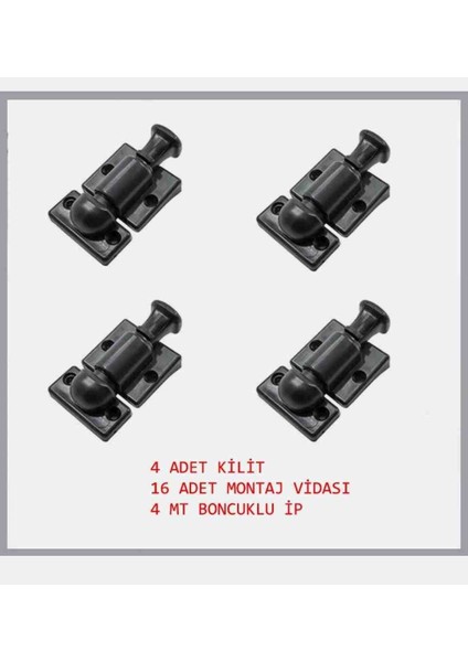 Cam Balkon Kilidi 4 Adet Kilit 4 Metre Siyah Boncuk Ip ve Montaj Vidası