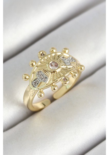 Pirinç Göz Figürlü Zirkon Taşlı Gold Renk Ayarlanabilir Kadın Yüzük - TJ-BYK3786
