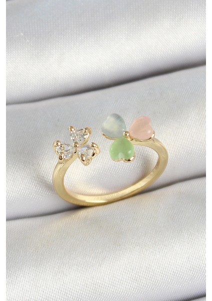 Pirinç Kalp Figürlü Zirkon Taşlı Gold Renk Ayarlanabilir Kadın Yüzük - TJ-BYK3762