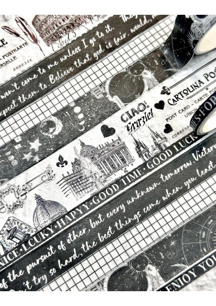Vintage Italya Temalı Siyah-Beyaz Washi Bant Seti 10'lu / Washi Tape / Bullet Journal / Scrapbook fırsatları